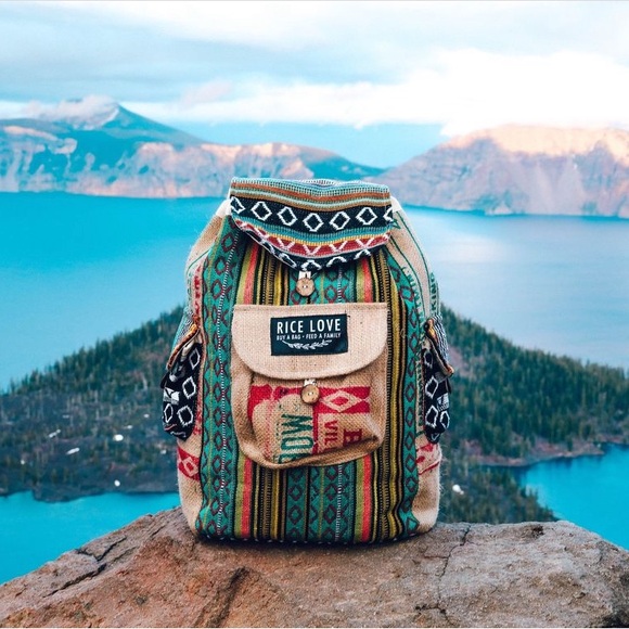 Rice Love Recycled Burlap Multicolor Boho Print Rice Bag Travel Backpack - Picture 2 of 15